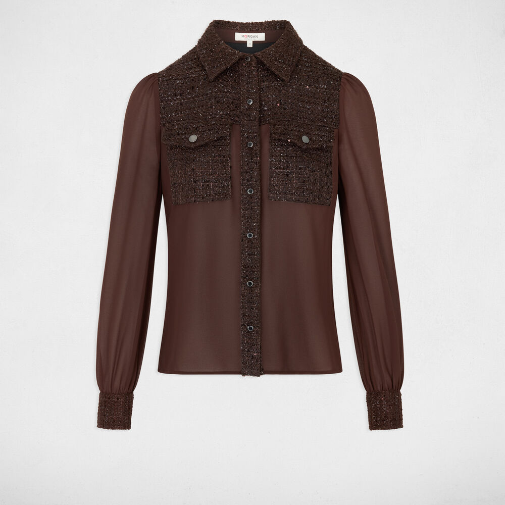 Tweed overhemd met reverskraag donker bruin vrouw