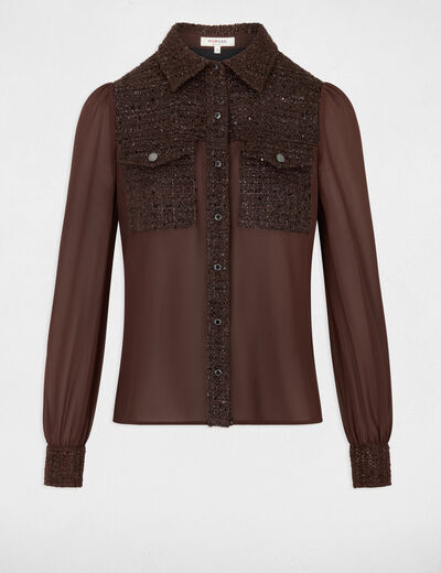 Chemise tweed col &agrave; revers marron fonc&eacute; femme