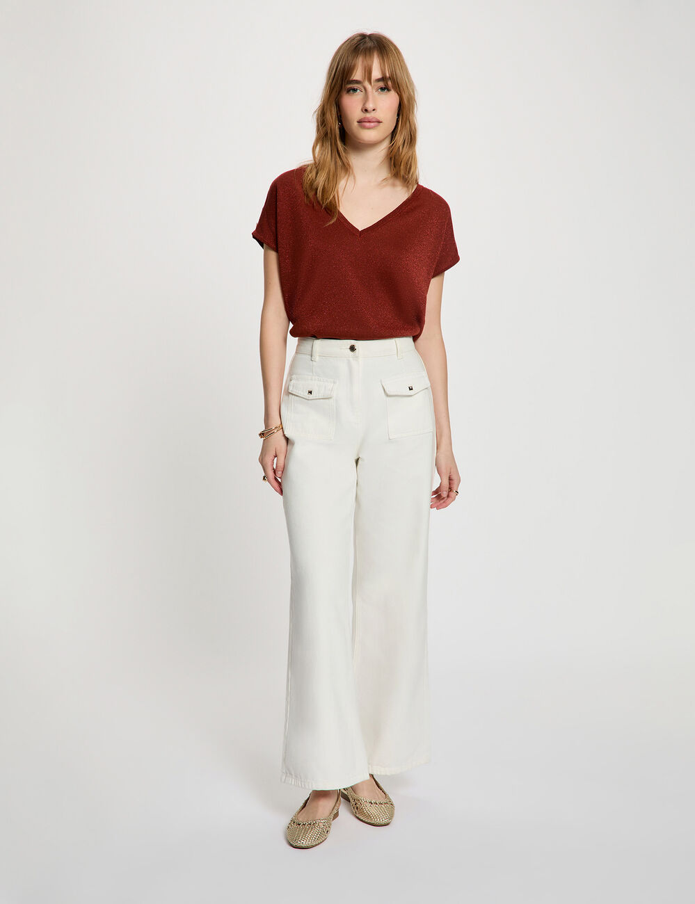 Oversized trui met V-hals cognacbruin vrouw