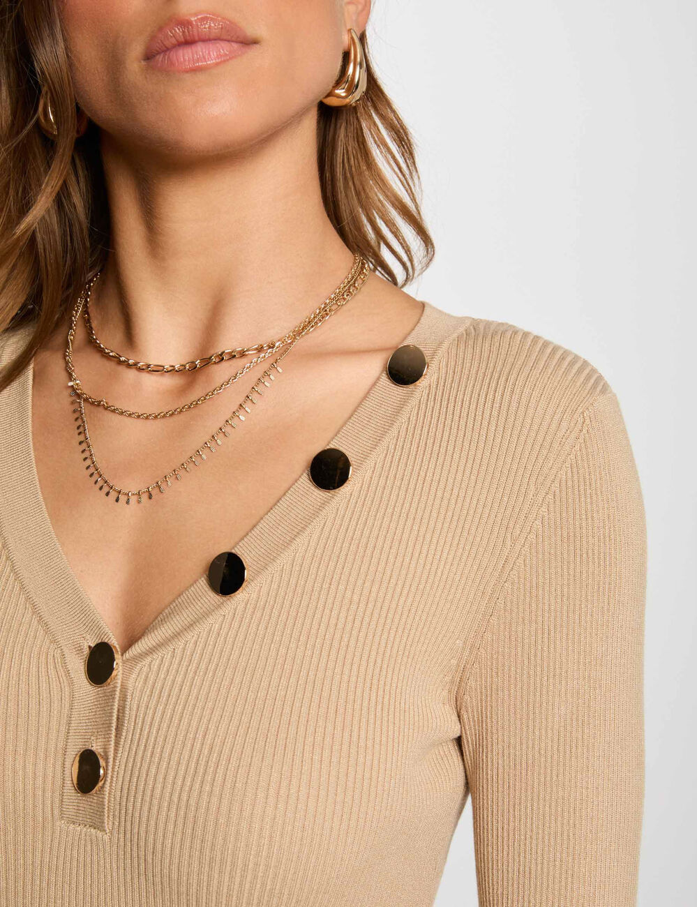 Pull manches longues boutons marron clair femme