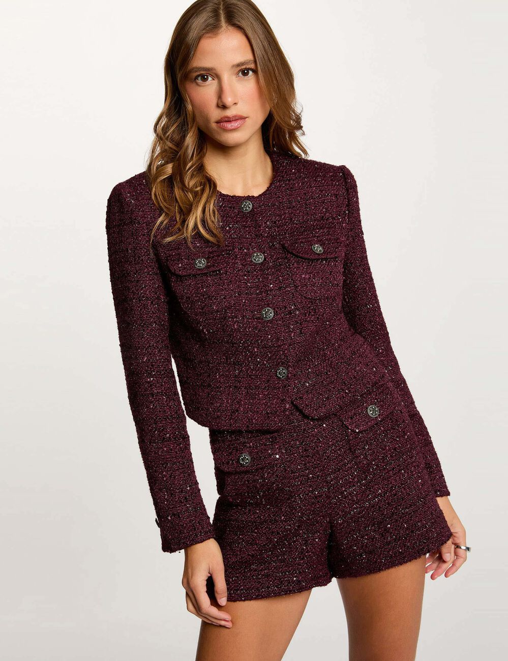 short tweed taille haute prune femme Short tweed taille haute prune femme