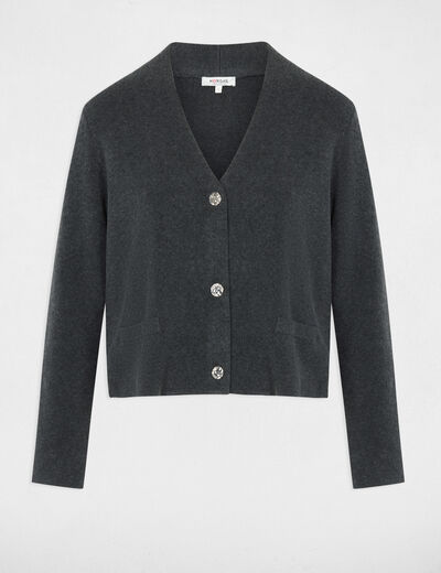Gilet tricot col v gris fonc&eacute; femme