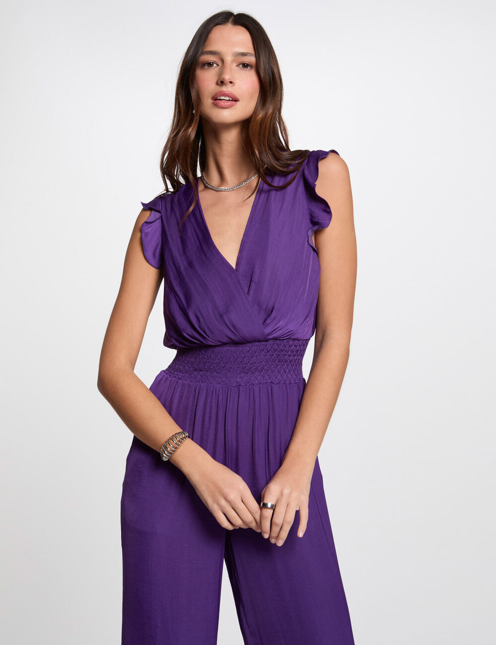 Soepelvallende lange jumpsuit paars vrouw
