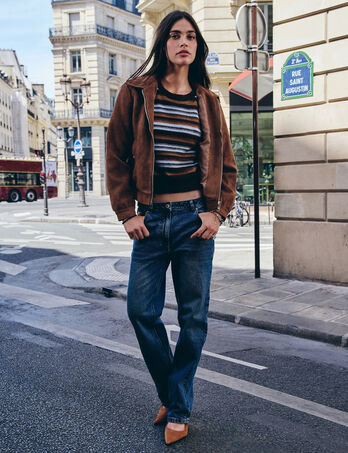 High-waist rechte jeans stone washed denim vrouw