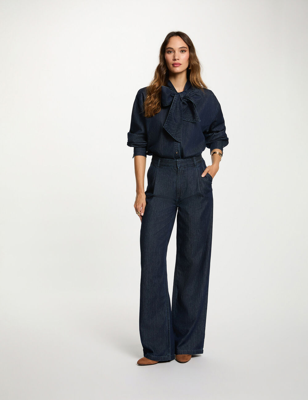 Spijkerblouse met lavallière ruw denim vrouw
