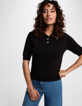 Pull ajust&eacute; col polo noir femme