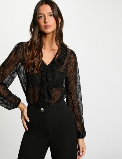 Kant T-shirt met V-hals zwart vrouw