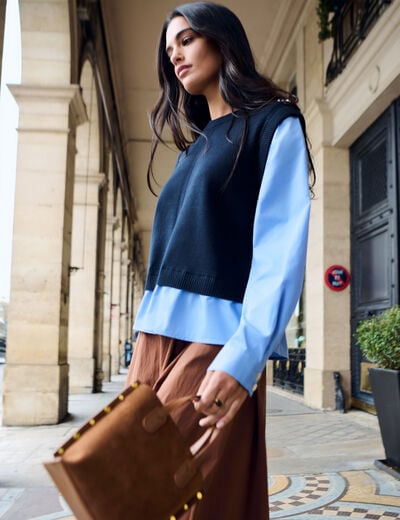 Getailleerde trui met reverskraag marineblauw vrouw