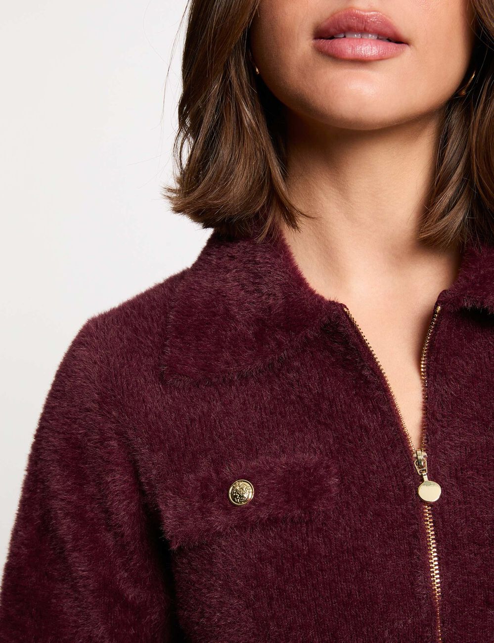 Gilet manches longues col à revers prune femme