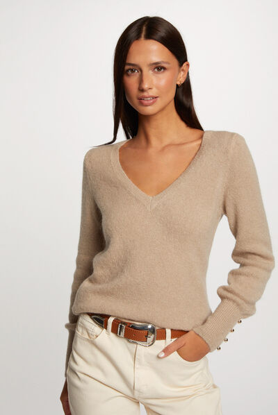 Trui met lange mouwen en V-hals beige vrouw