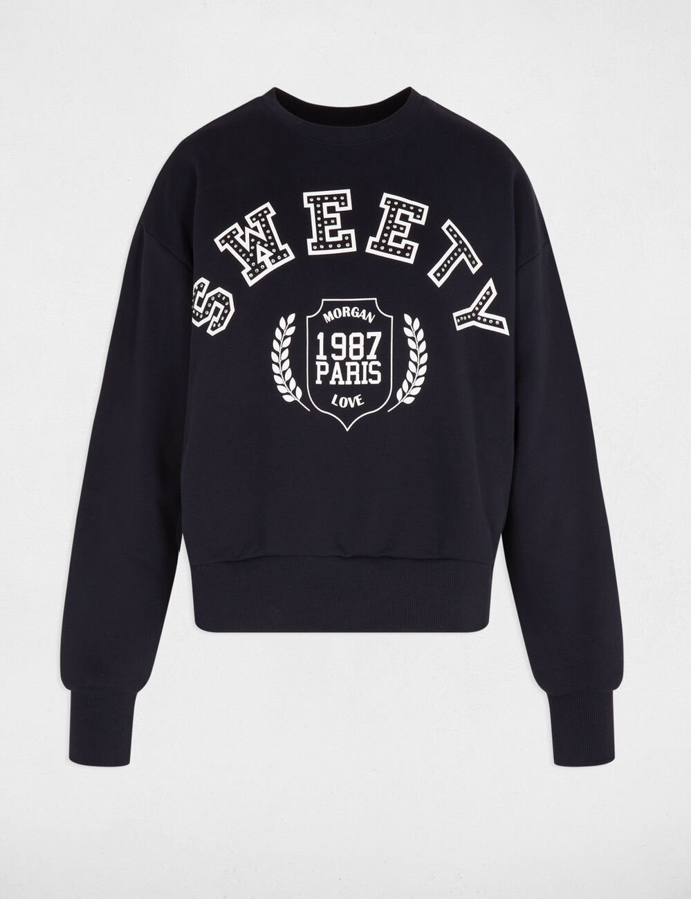 Bedrukte sweater met ronde hals marineblauw vrouw