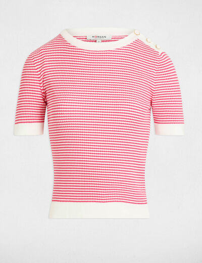 Gestreepte trui met ronde hals fuchsia roze vrouw