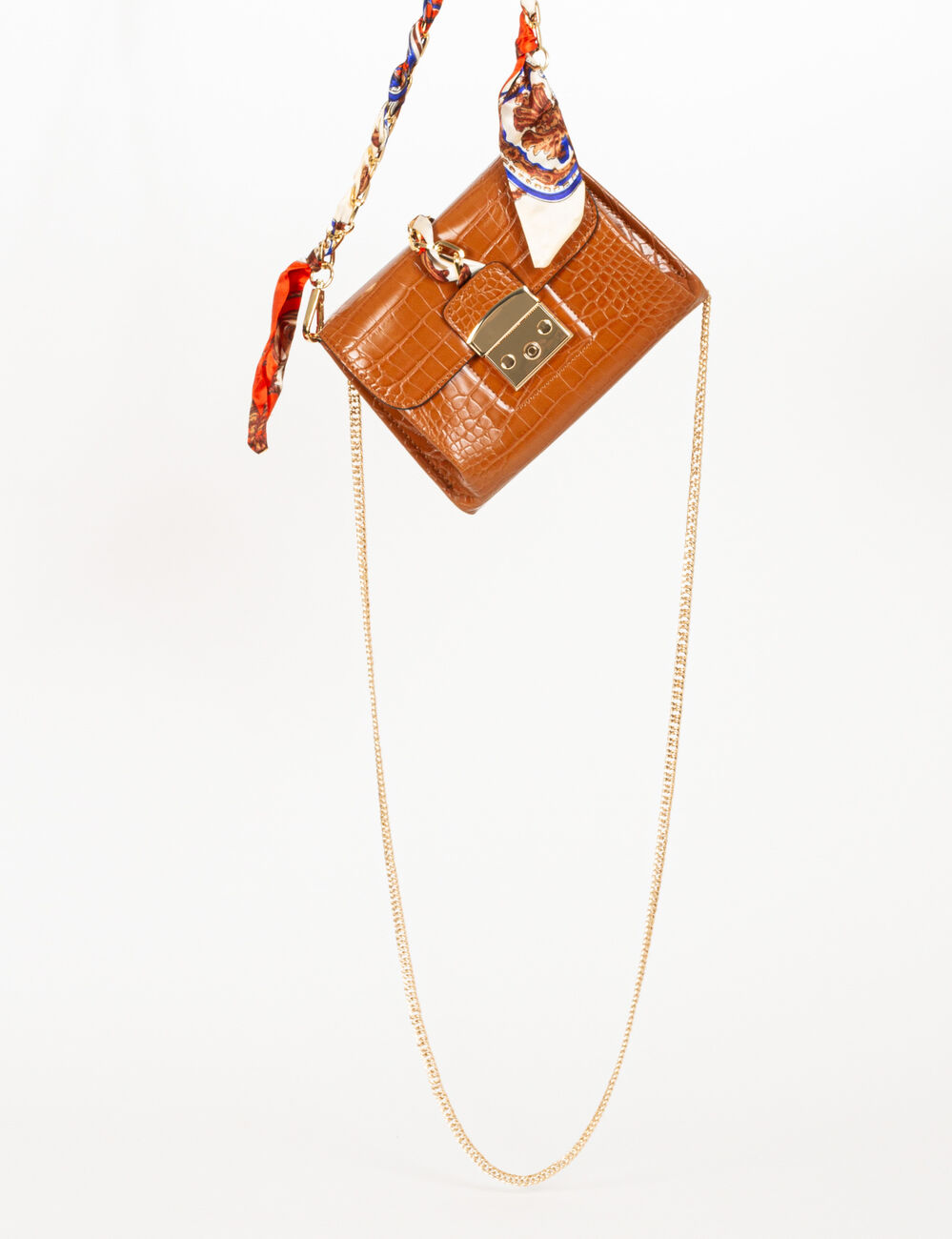 Sac pochette aspect croco caramel femme