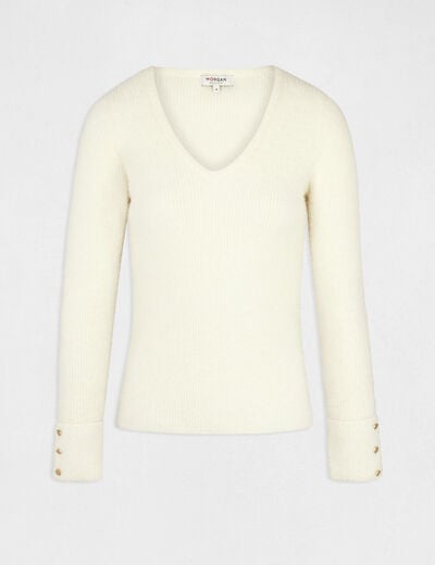 Pull manches longues maille duveteuse ivoire femme