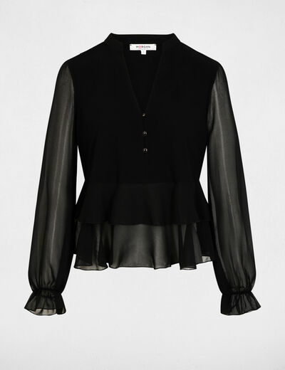 T-shirt met V-hals en ruches zwart vrouw