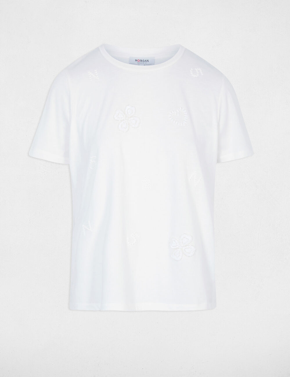 Geborduurd T-shirt met ronde hals helder wit vrouw