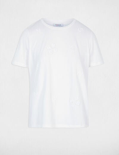 Geborduurd T-shirt met ronde hals helder wit vrouw