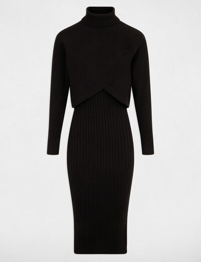 Robe tricot col roul&eacute; noir femme