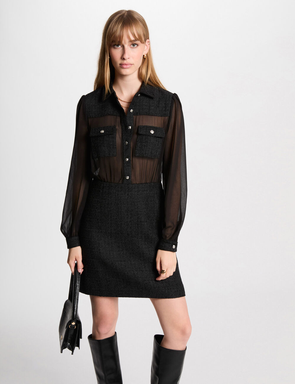 Korte aansluitende tweed jurk zwart vrouw