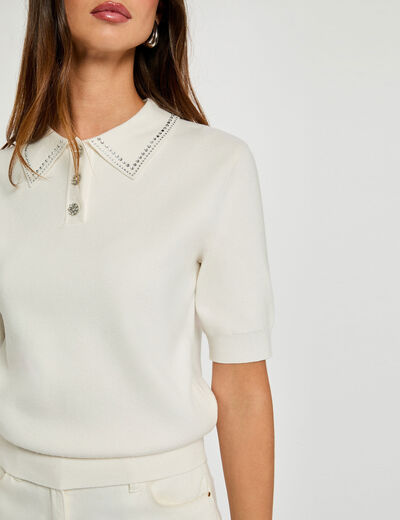 Pull ajusté col polo ecru femme