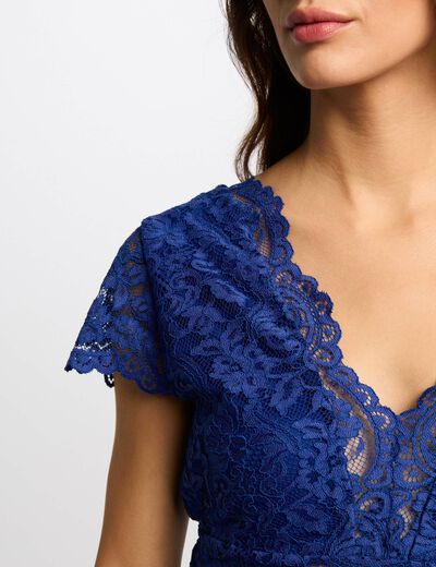 Kanten T-shirt met V-hals bleu electrique vrouw