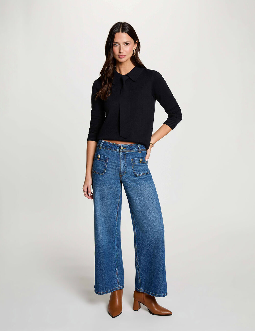 Pull col &agrave; revers bleu marine femme