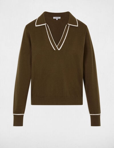 Pull col polo vert kaki femme