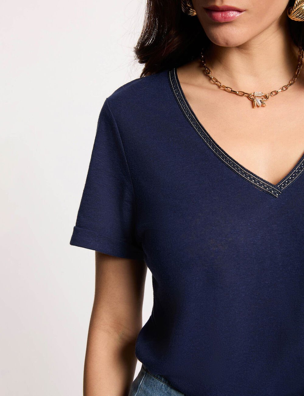 T-shirt met parels en V-hals marineblauw vrouw