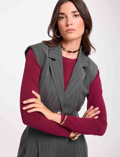 Gilet ray&eacute; sans manches denim gris fonce femme