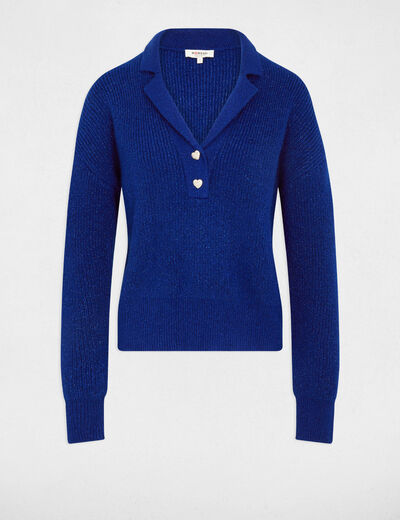 Pull court col à revers bleu pétrole femme