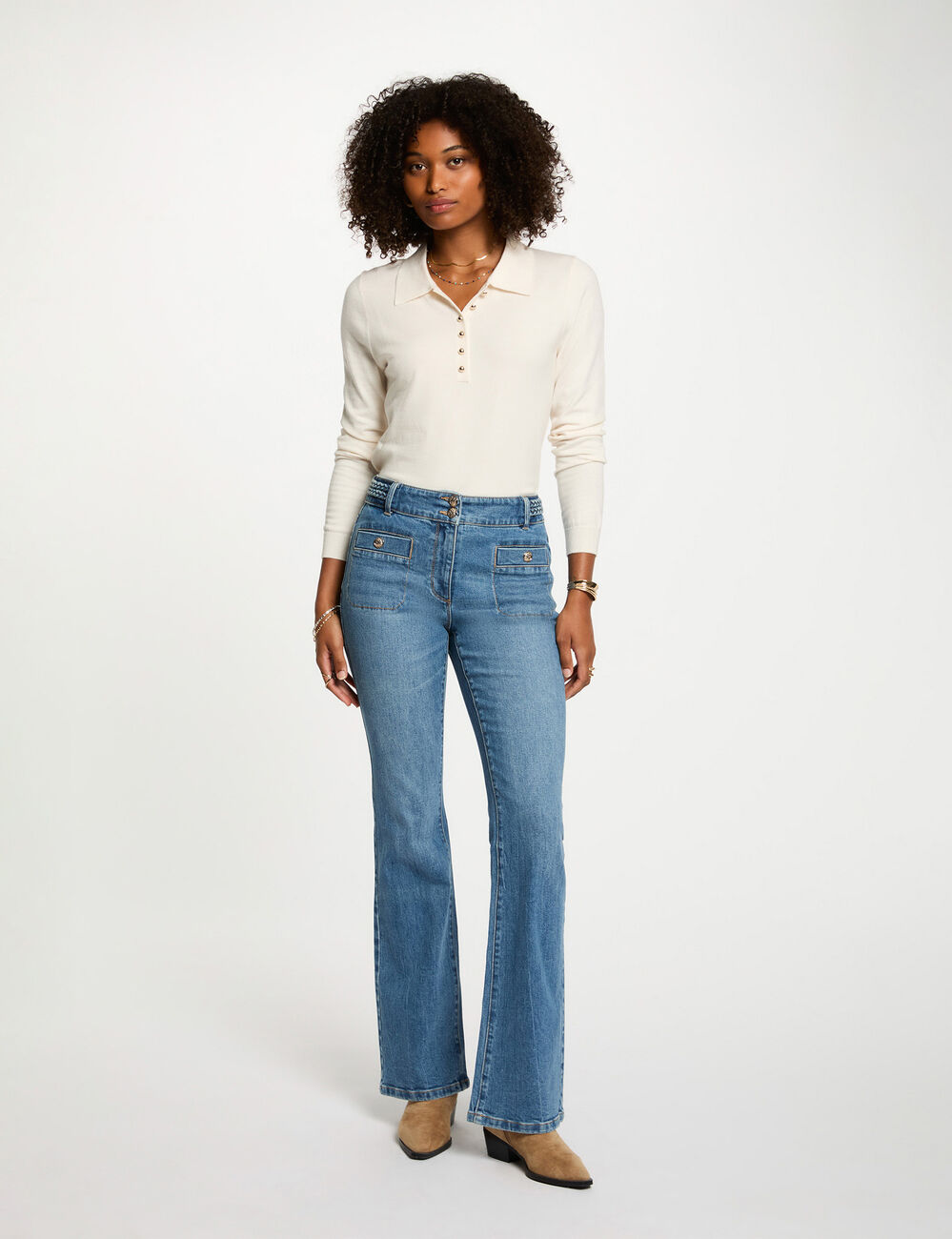 Pull col polo manches longues ivoire femme