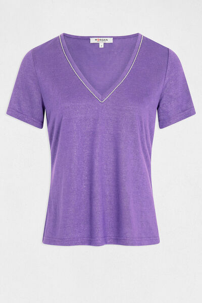 T-shirt met V-hals en korte mouwen paars vrouw