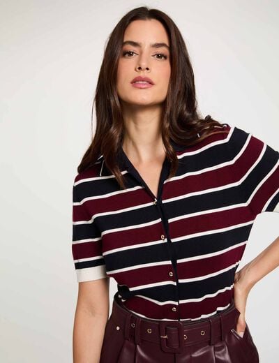 Pull col polo ray&eacute; bordeaux femme