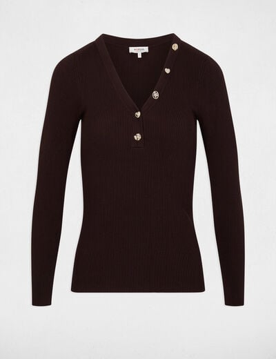 Pull col v fantaisie marron fonc&eacute; femme
