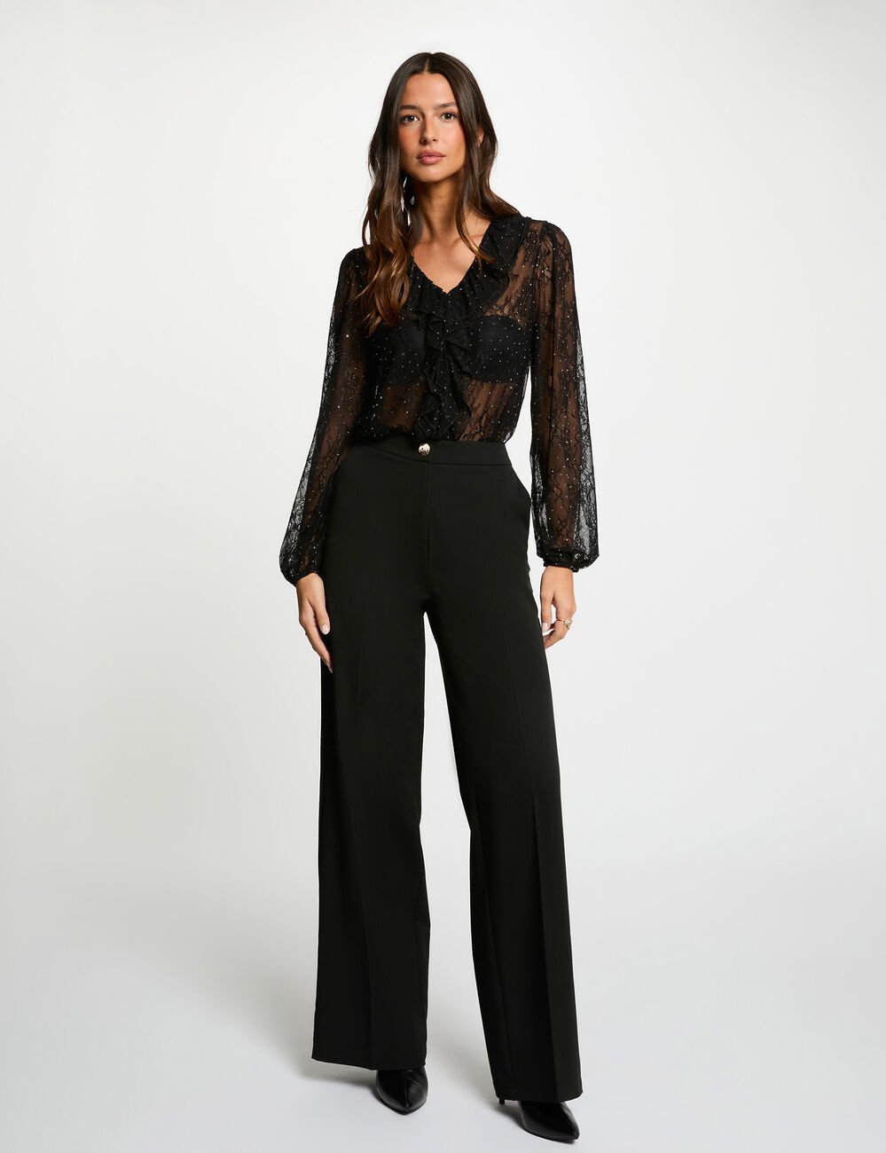 Kant T-shirt met V-hals zwart vrouw