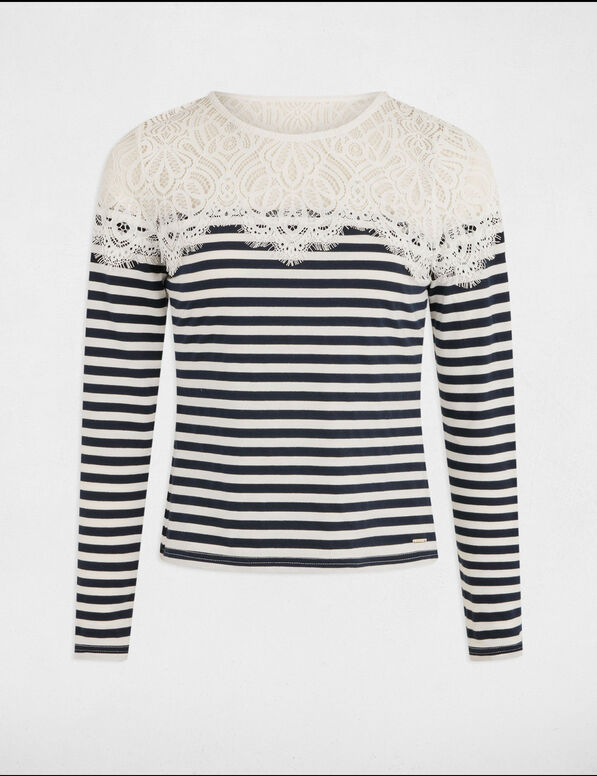 Gestreept T-shirt met lange mouwen helder wit vrouw