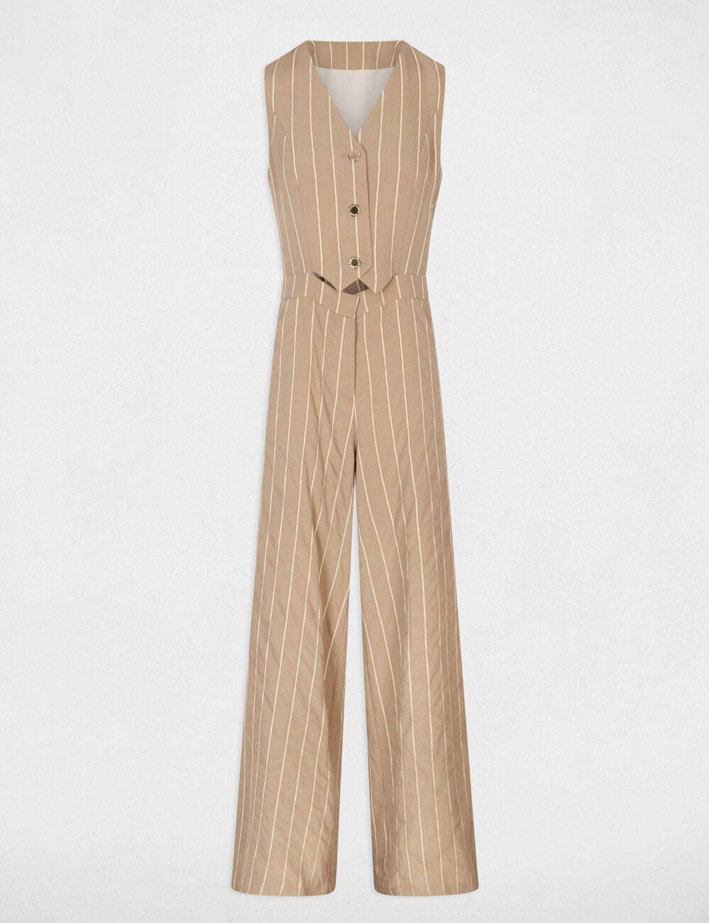 Gestreepte jumpsuit met V-hals taupe vrouw