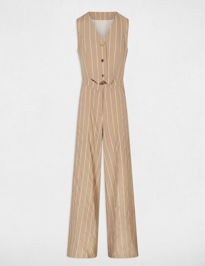 Gestreepte jumpsuit met V-hals taupe vrouw