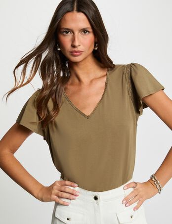 T-shirt col v volants vert kaki femme