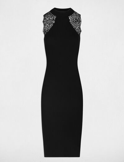 Robe tricot longue ajust&eacute;e noir femme