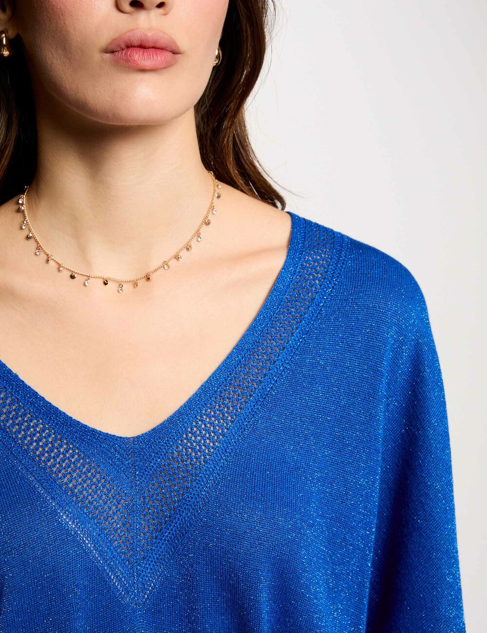 Pull col en V manches courtes bleu electrique femme
