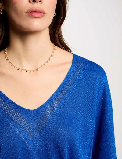 Pull col en V manches courtes bleu electrique femme