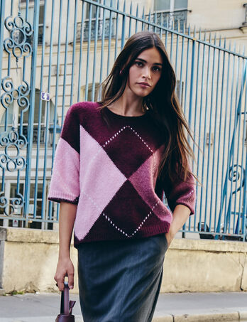 Jacquard trui met ronde hals pruim vrouw