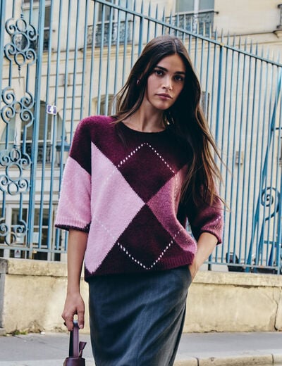 Pull jacquard col rond prune femme