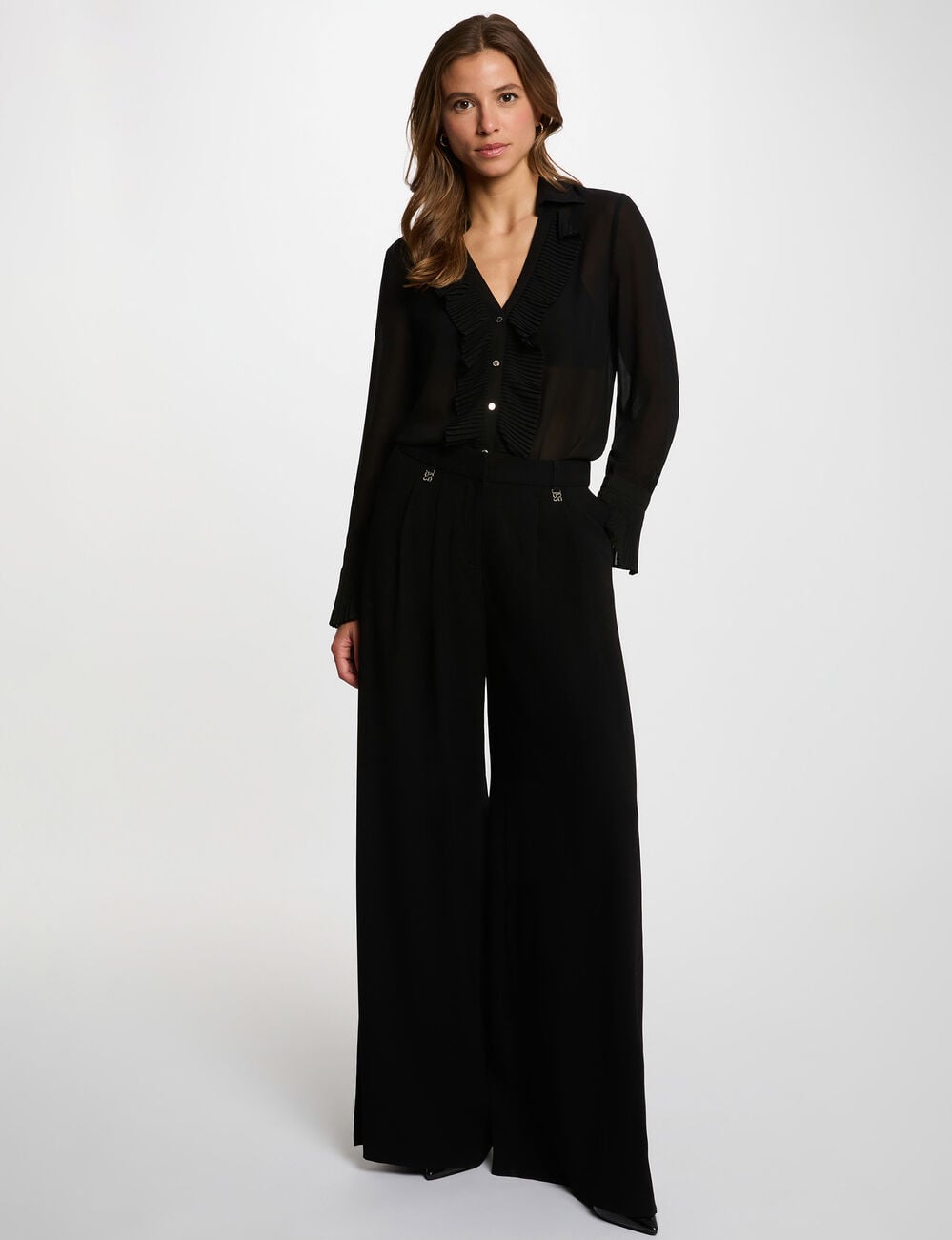 Voile blouse met reverskraag zwart vrouw
