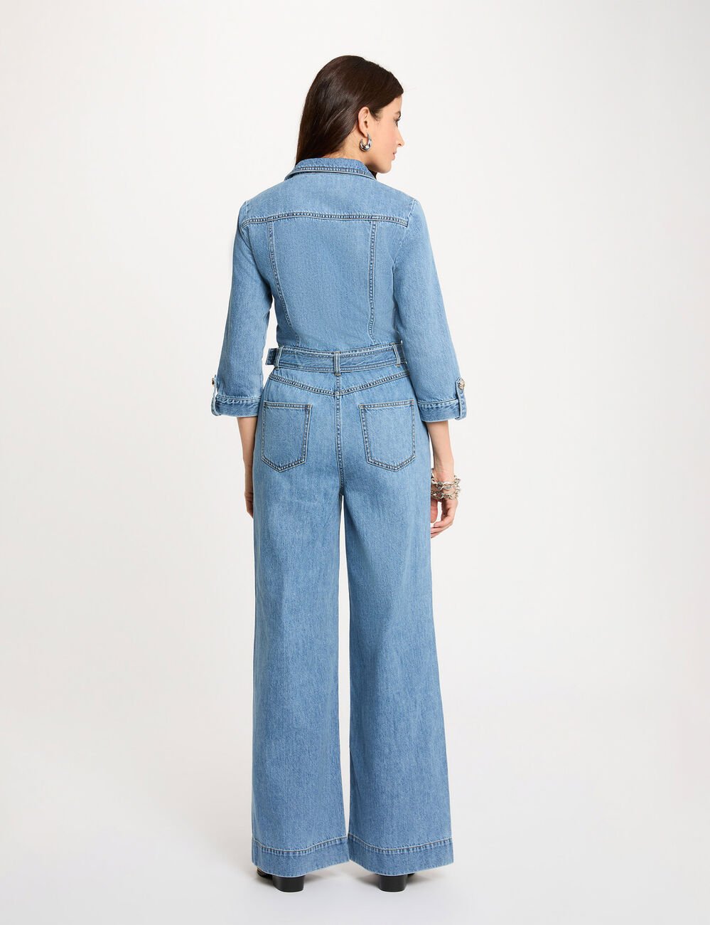 Spijker jumpsuit met wijde pijpen stone washed denim vrouw