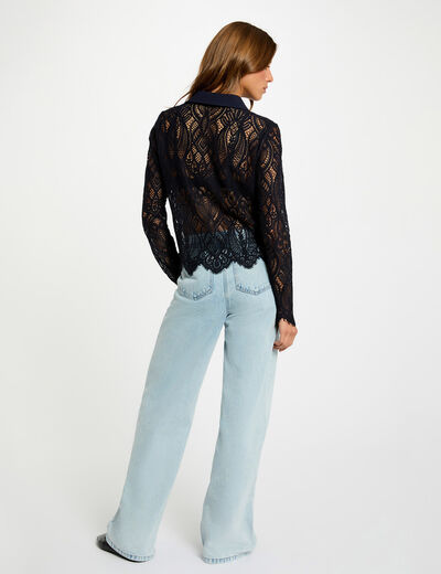 Korte kanten blouse marineblauw vrouw
