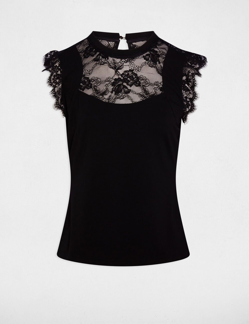 T-shirt met kanten hoge kraag zwart vrouw