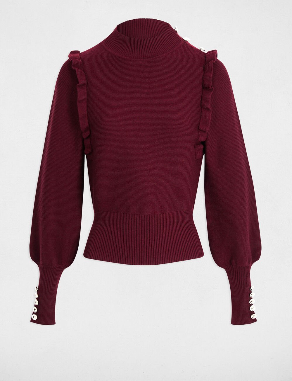 Pull manches longues avec volants prune femme