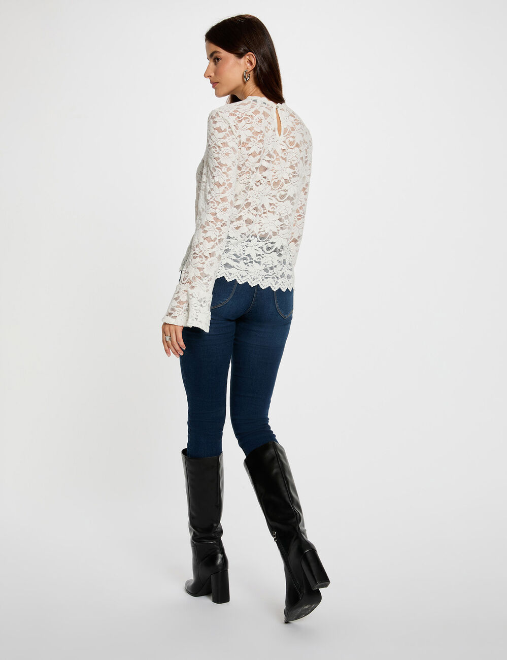 T-shirt dentelle manches longues blanc femme